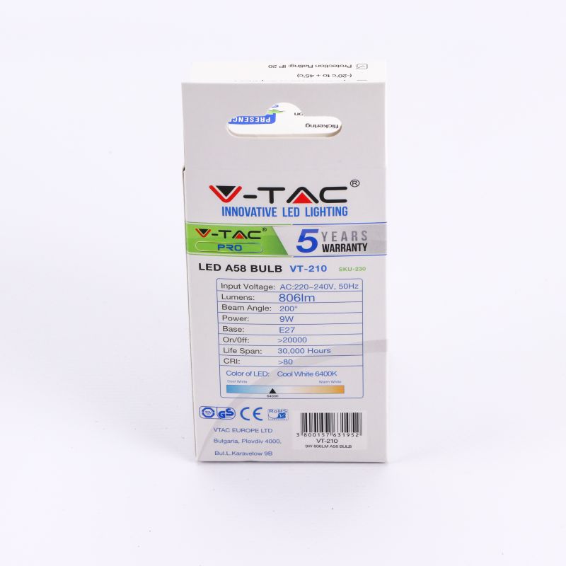 LED Bulb - SAMSUNG CHIP 9W E27 A58 Plastic 6400K