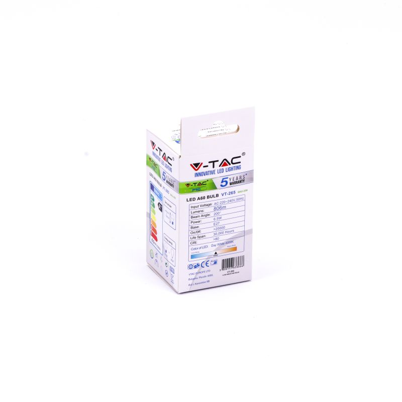 LED Bulb - SAMSUNG CHIP 6.5W E27 A++ A60 Plastic 4000K